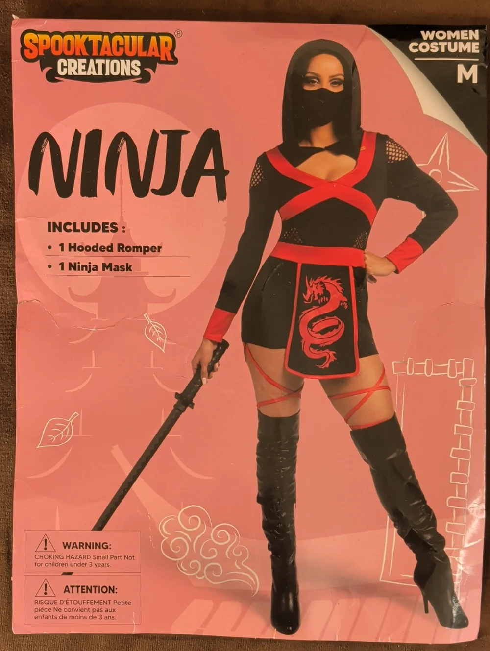 Women's Red & Black Ninja Costume - Hooded Romper with Mask (M)